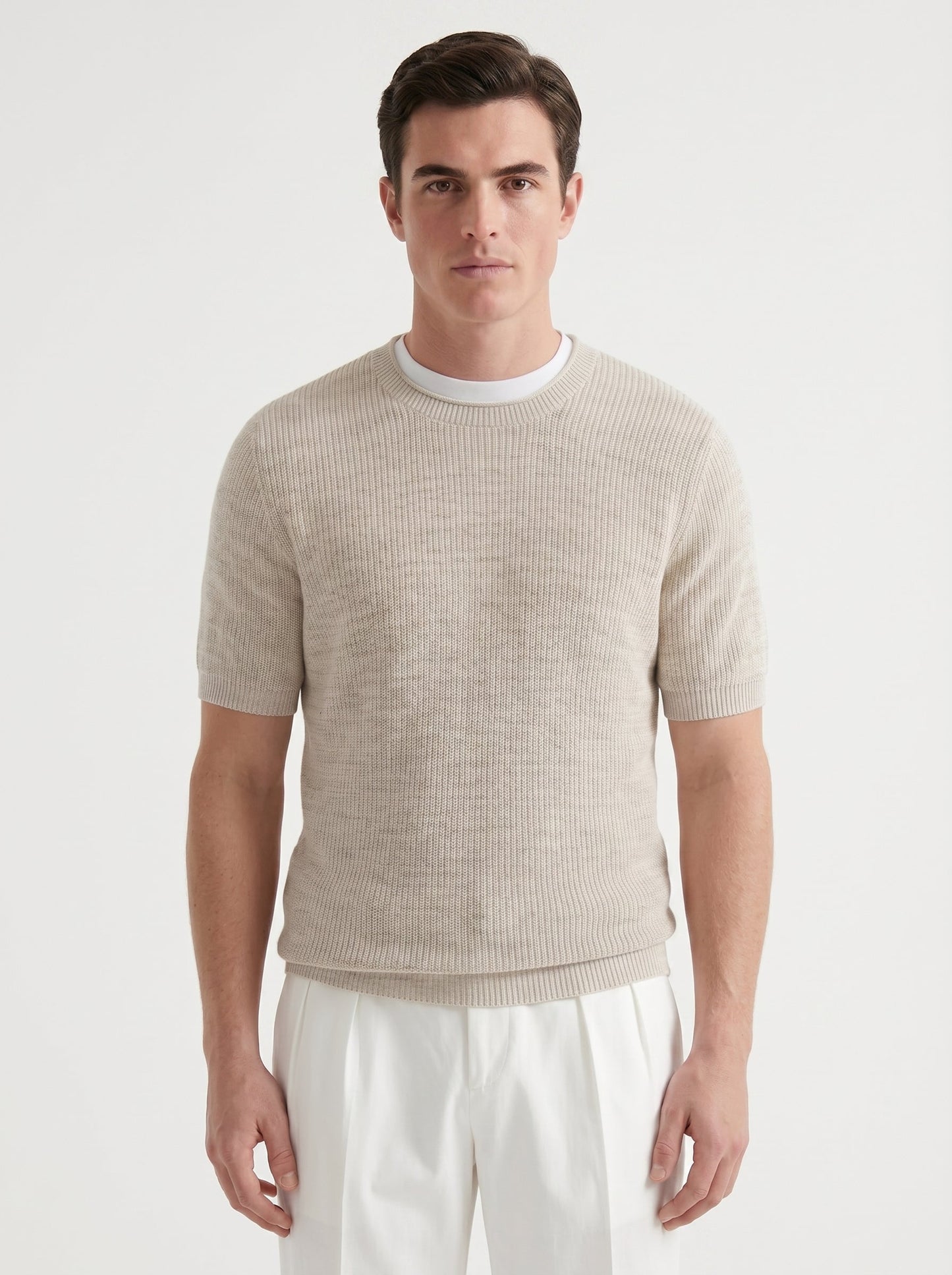 Brunello Cucinelli English rib linen t-shirt in light beige, model front — The Quiet Edition