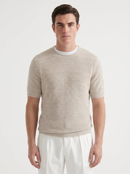 Brunello Cucinelli English rib linen t-shirt in light beige, model front — The Quiet Edition