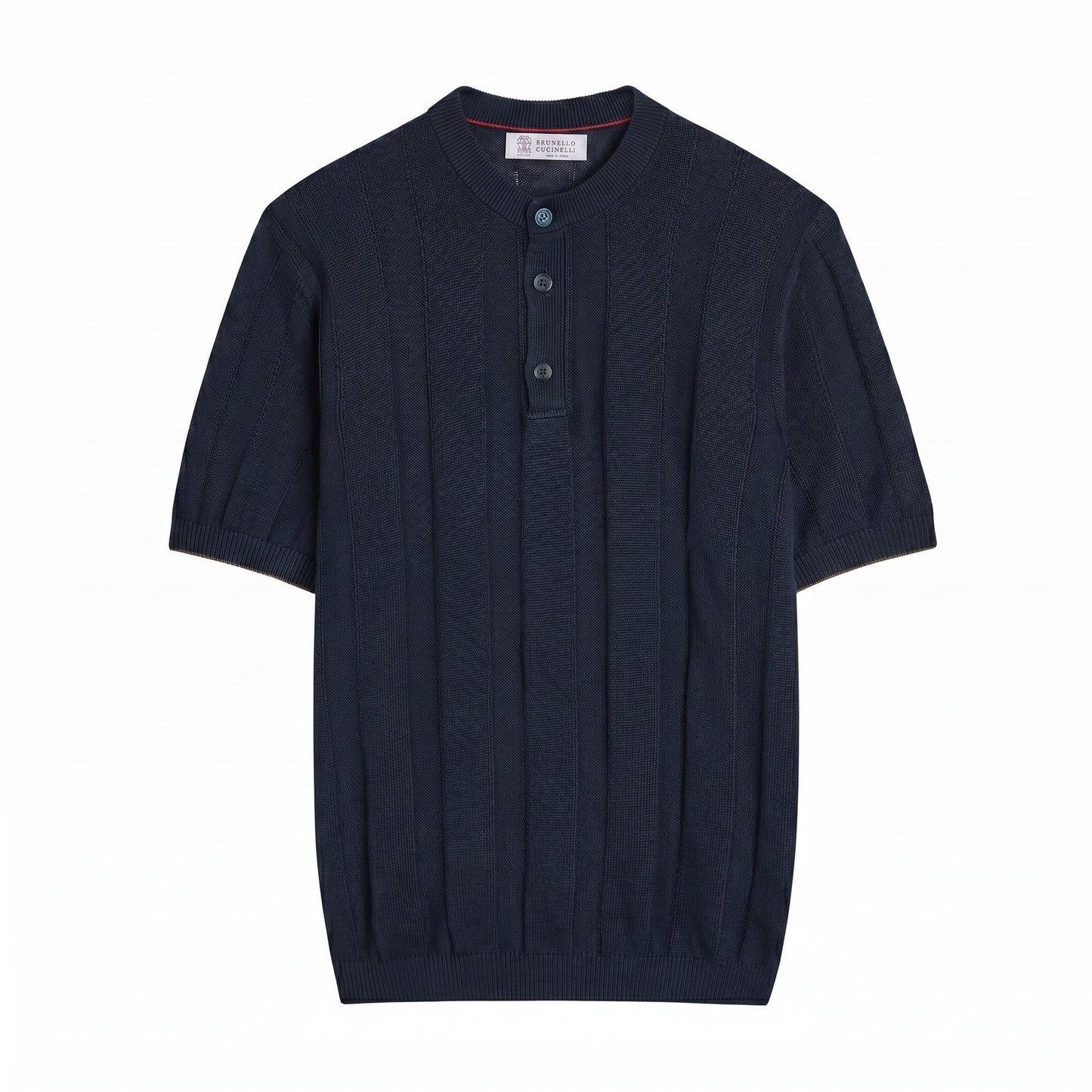 Brunello Cucinelli linen-blend knit t-shirt in navy, front view — The Quiet Edition
