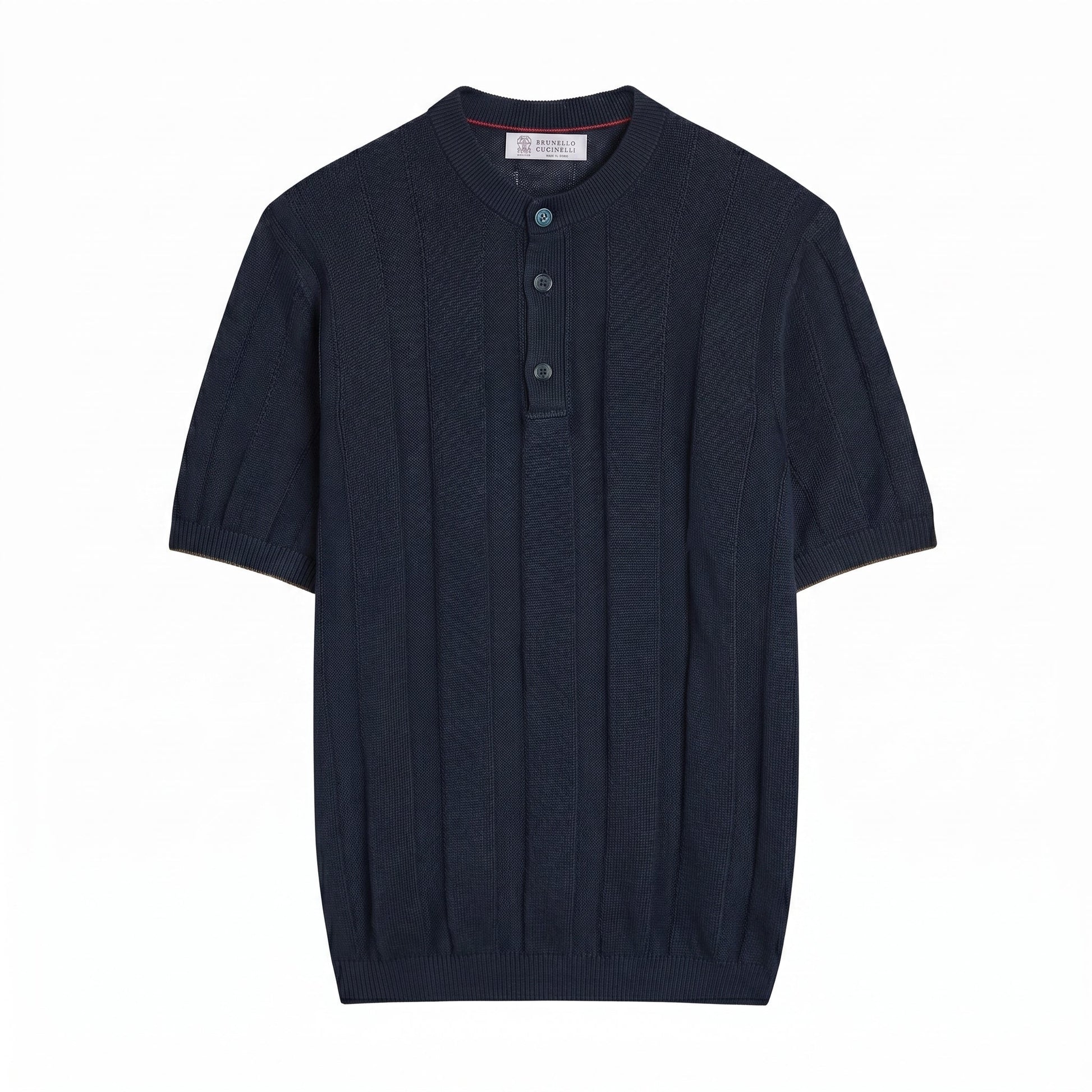 Brunello Cucinelli linen-blend knit t-shirt in navy, front view — The Quiet Edition