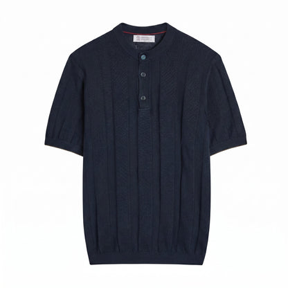 Brunello Cucinelli linen-blend knit t-shirt in navy, front view — The Quiet Edition