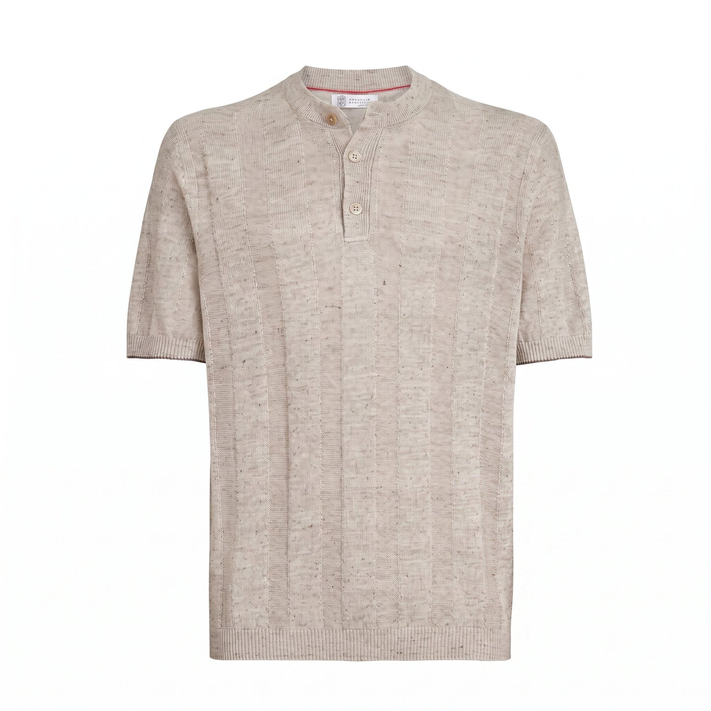 Brunello Cucinelli linen-blend knit t-shirt in sand, front view — The Quiet Edition