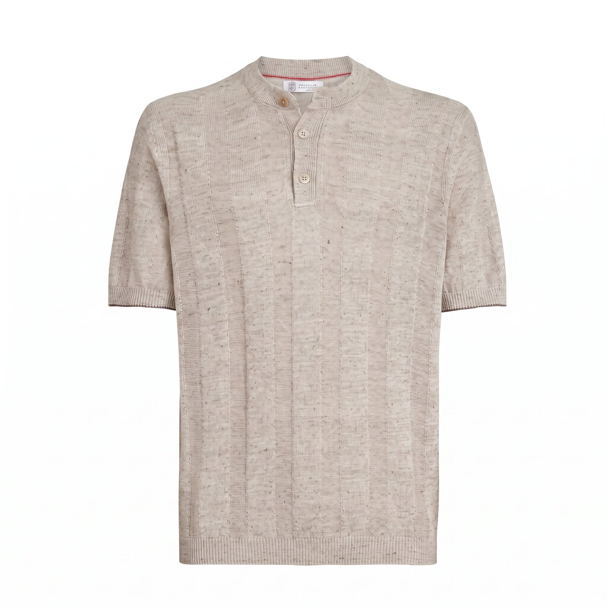 Brunello Cucinelli linen-blend knit t-shirt in sand, front view — The Quiet Edition