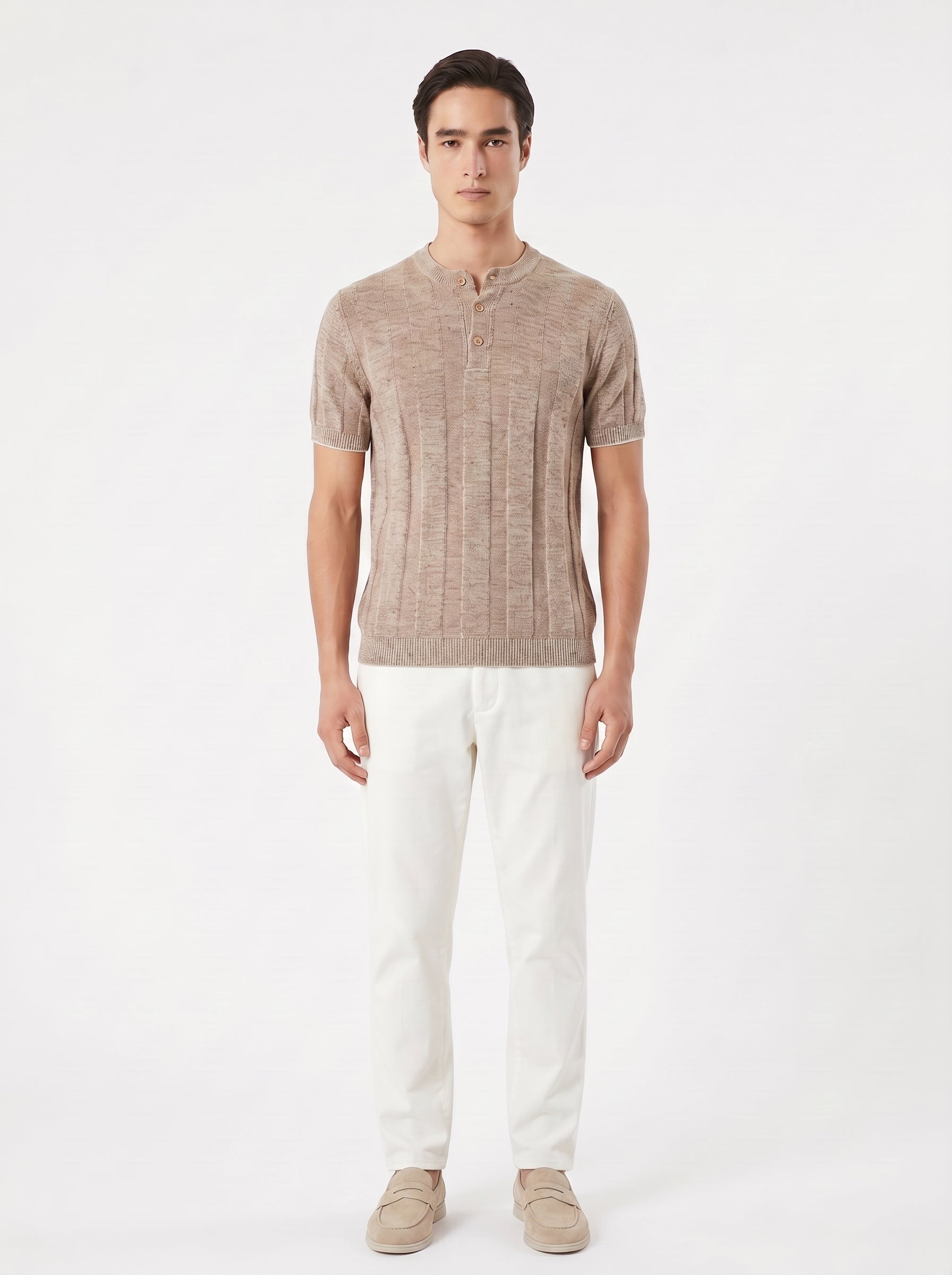 Brunello Cucinelli linen-blend knit t-shirt in sand, model front — The Quiet Edition
