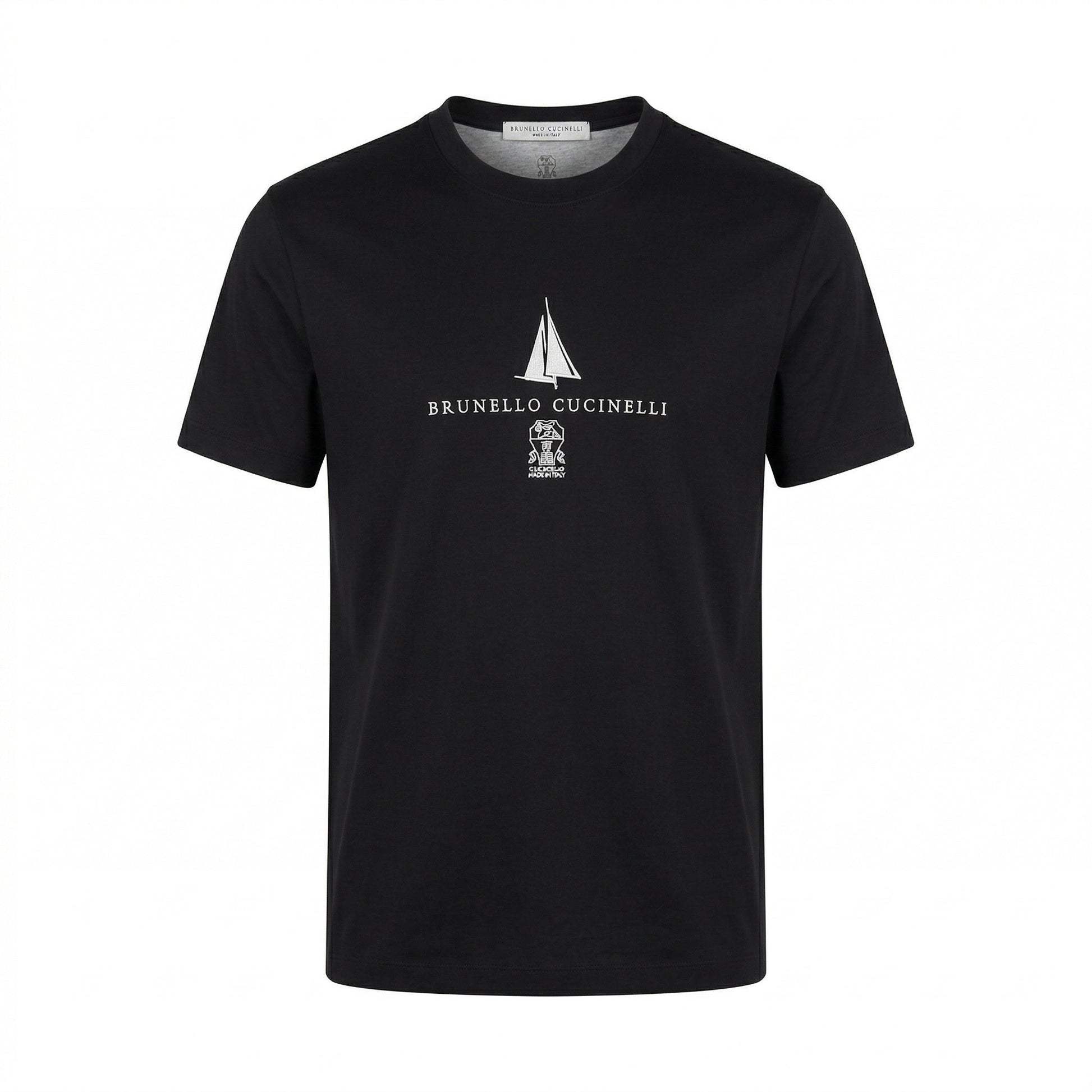Brunello Cucinelli logo print t-shirt in black, front view — The Quiet Edition