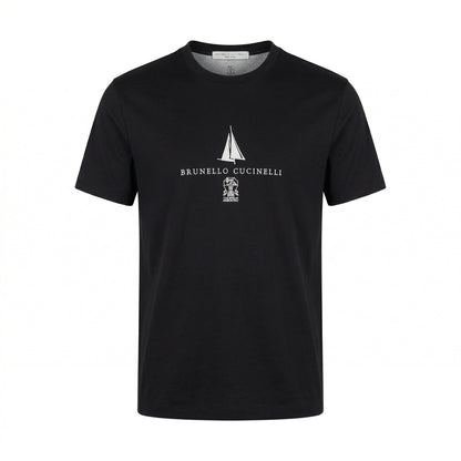 Brunello Cucinelli logo print t-shirt in black, front view — The Quiet Edition
