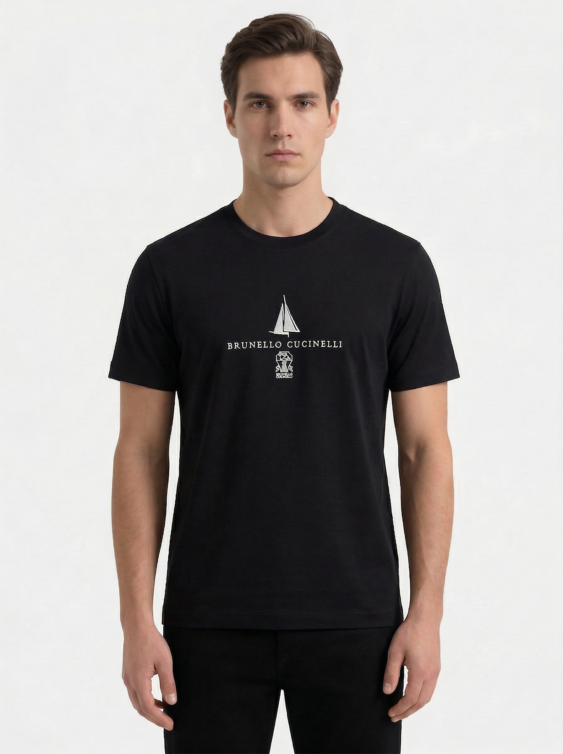 Brunello Cucinelli logo print t-shirt in black, model front — The Quiet Edition