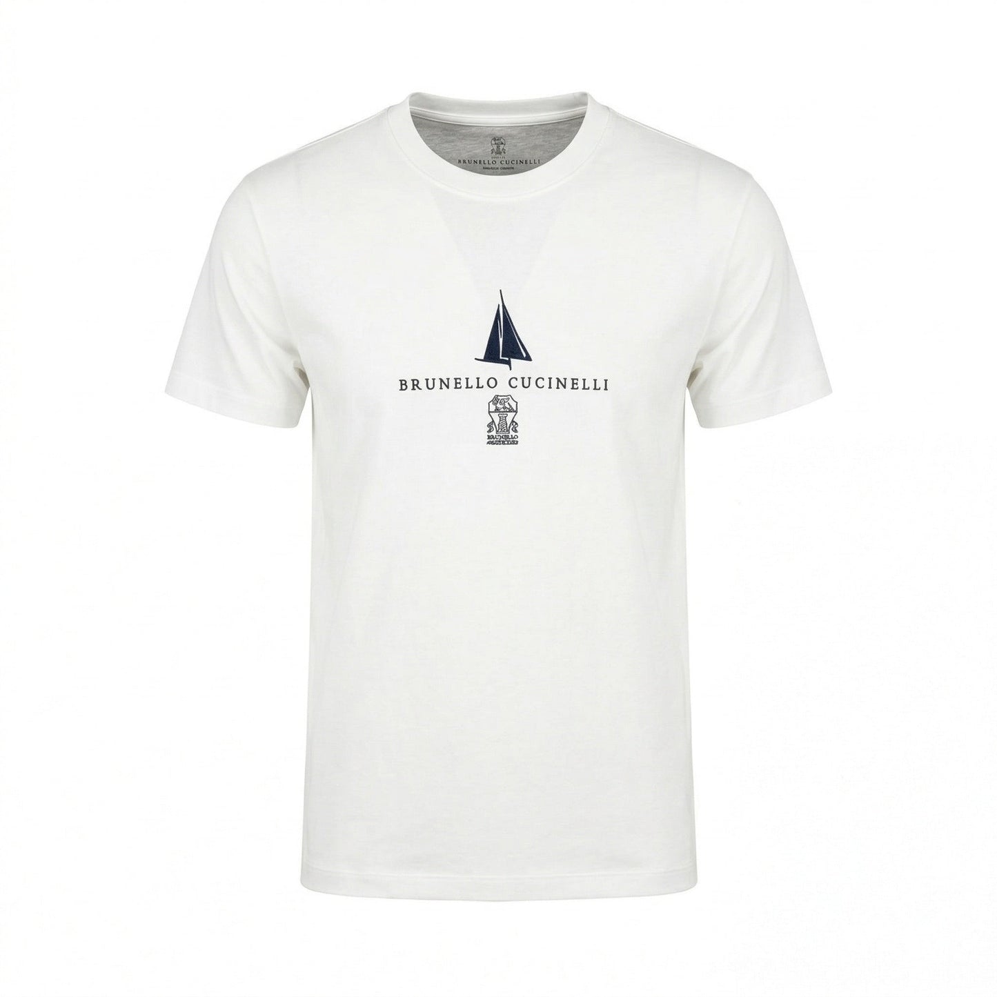 Brunello Cucinelli logo print t-shirt in white, front view — The Quiet Edition