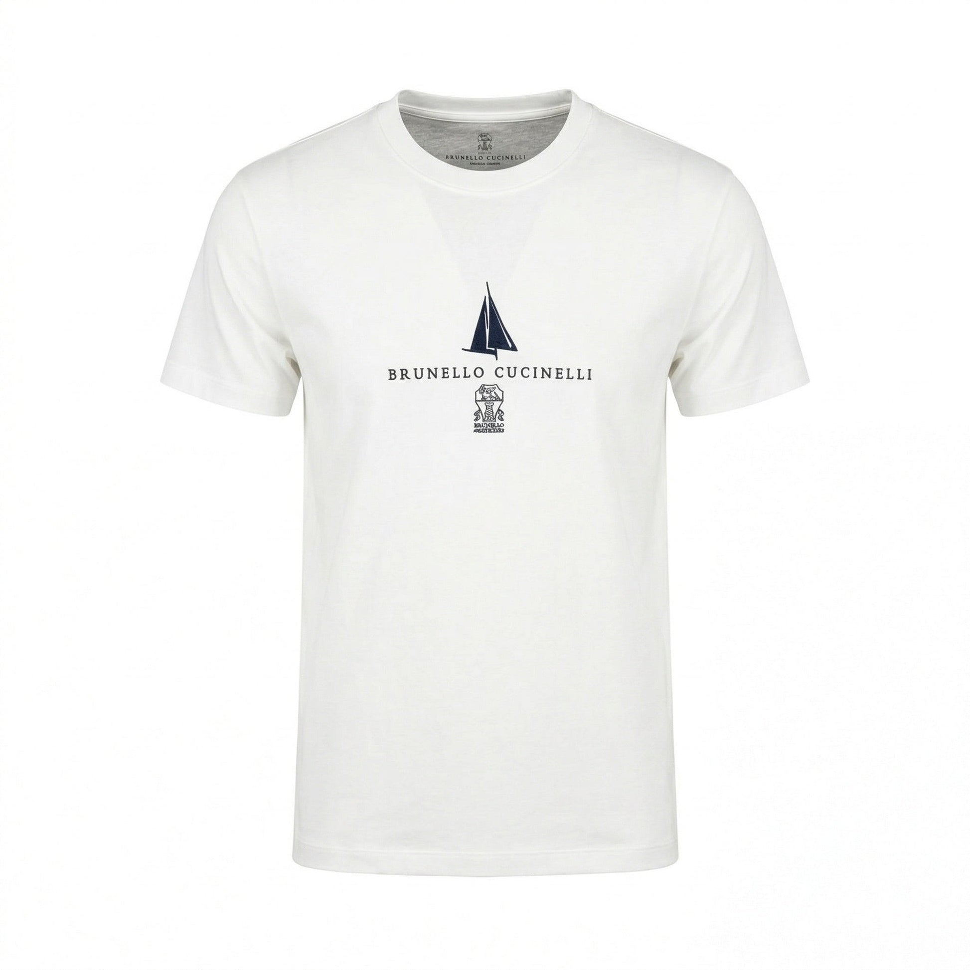 Brunello Cucinelli logo print t-shirt in white, front view — The Quiet Edition