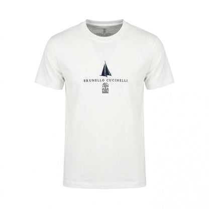 Brunello Cucinelli logo print t-shirt in white, front view — The Quiet Edition
