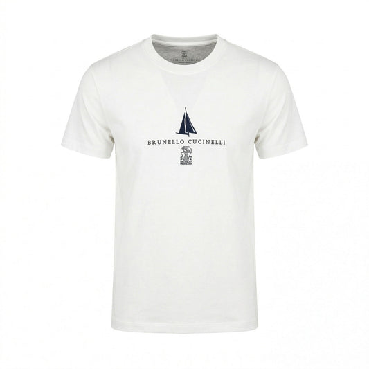 Brunello Cucinelli logo print t-shirt in white, front view — The Quiet Edition