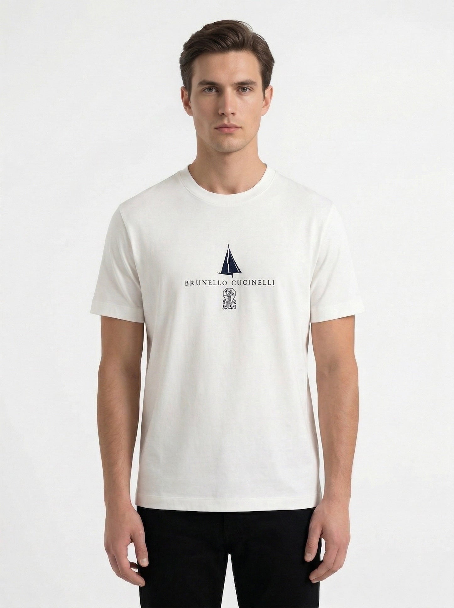 Brunello Cucinelli logo print t-shirt in white, model front — The Quiet Edition
