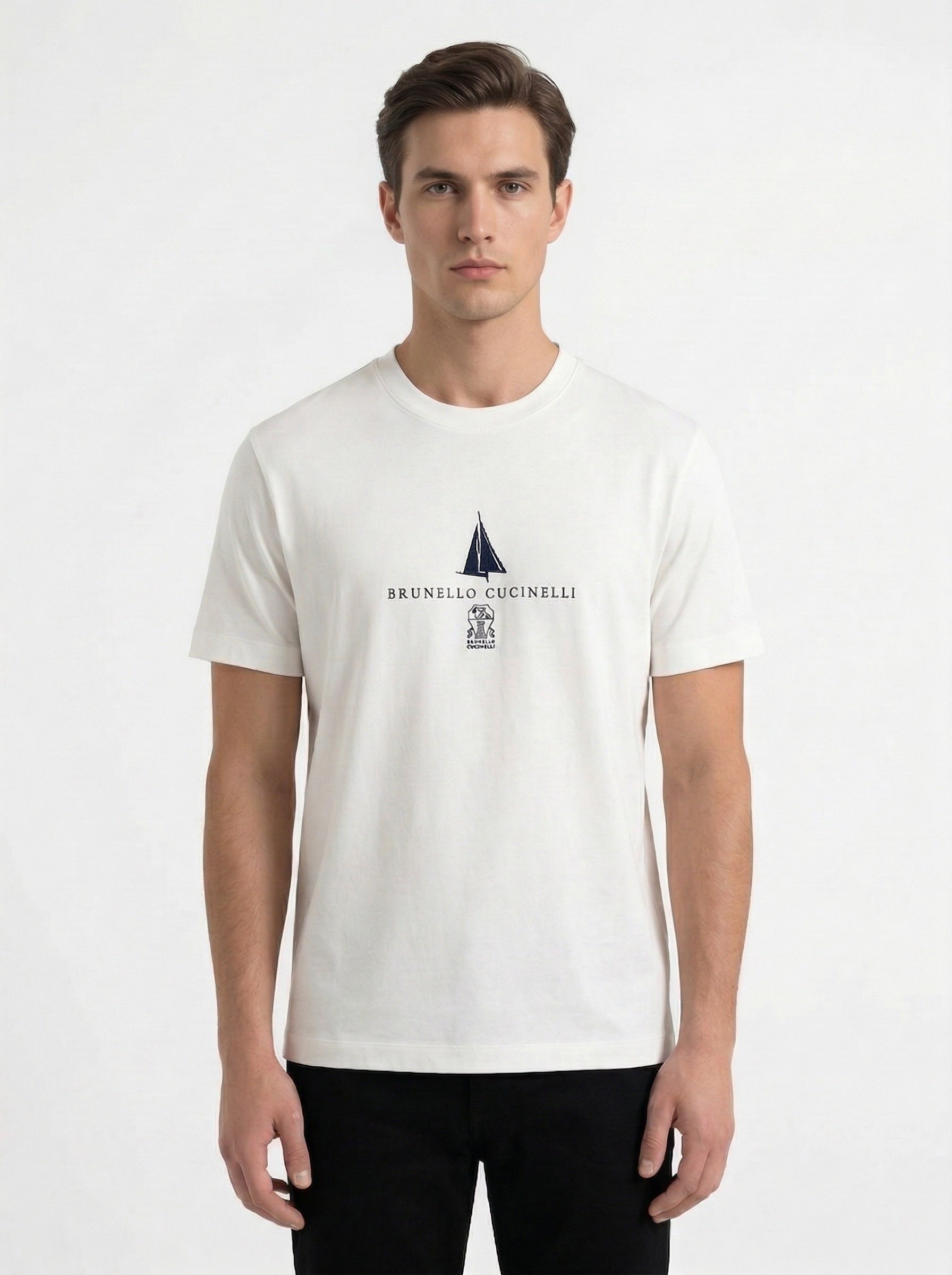 Brunello Cucinelli logo print t-shirt in white, model front — The Quiet Edition