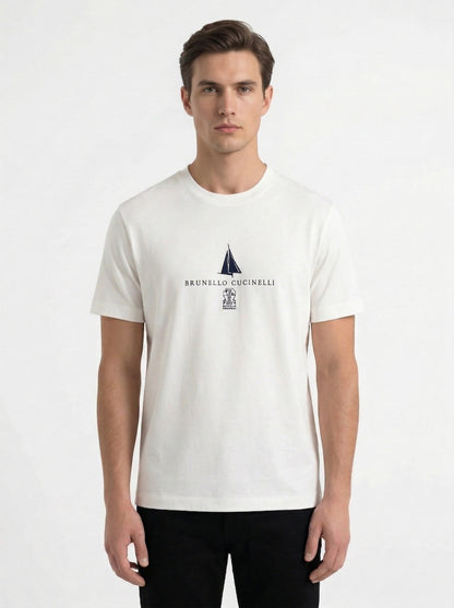 Brunello Cucinelli logo print t-shirt in white, model front — The Quiet Edition