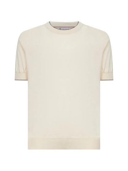 Brunello Cucinelli Ribbed Short-Sleeve T-Shirt in Beige, front — The Quiet Edition