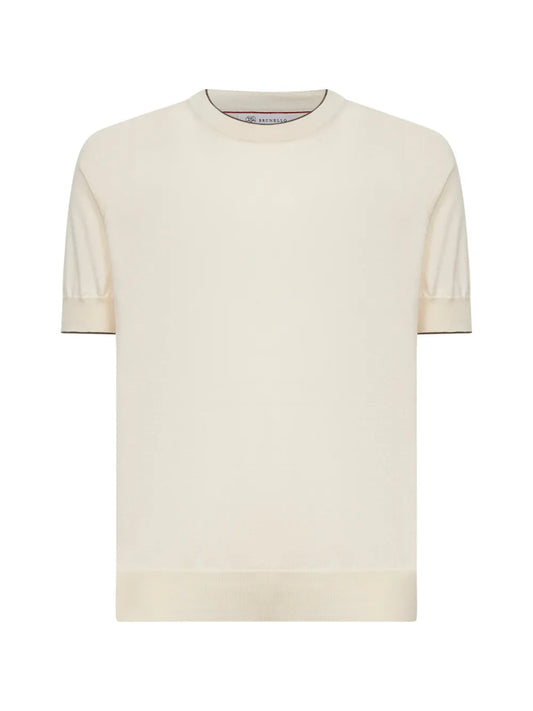 Brunello Cucinelli Ribbed Short-Sleeve T-Shirt in Beige, front — The Quiet Edition