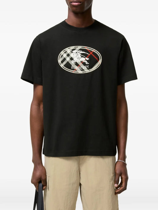 Burberry Check Knight Stamp Cotton T-Shirt in Black, back — The Quiet Edition