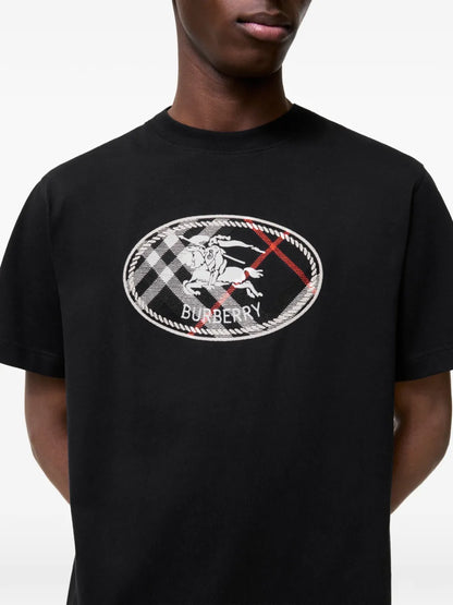 Burberry Check Knight Stamp Cotton T-Shirt in Black, side — The Quiet Edition
