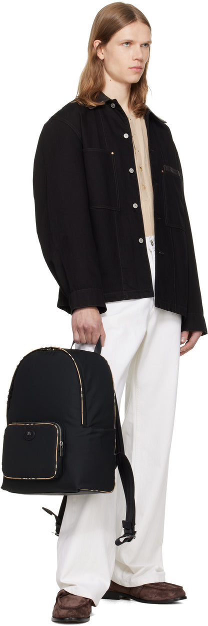 Burberry Check Trim Backpack in Black, angle — The Quiet Edition