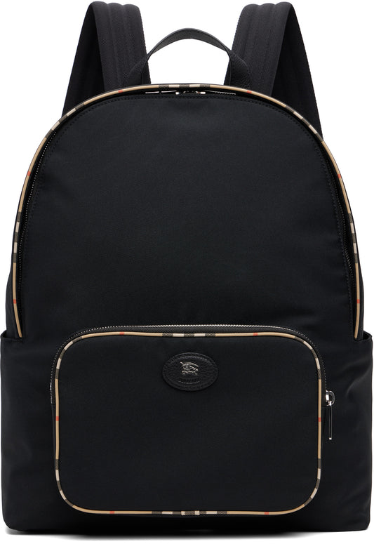 Burberry Check Trim Backpack in Black, front — The Quiet Edition