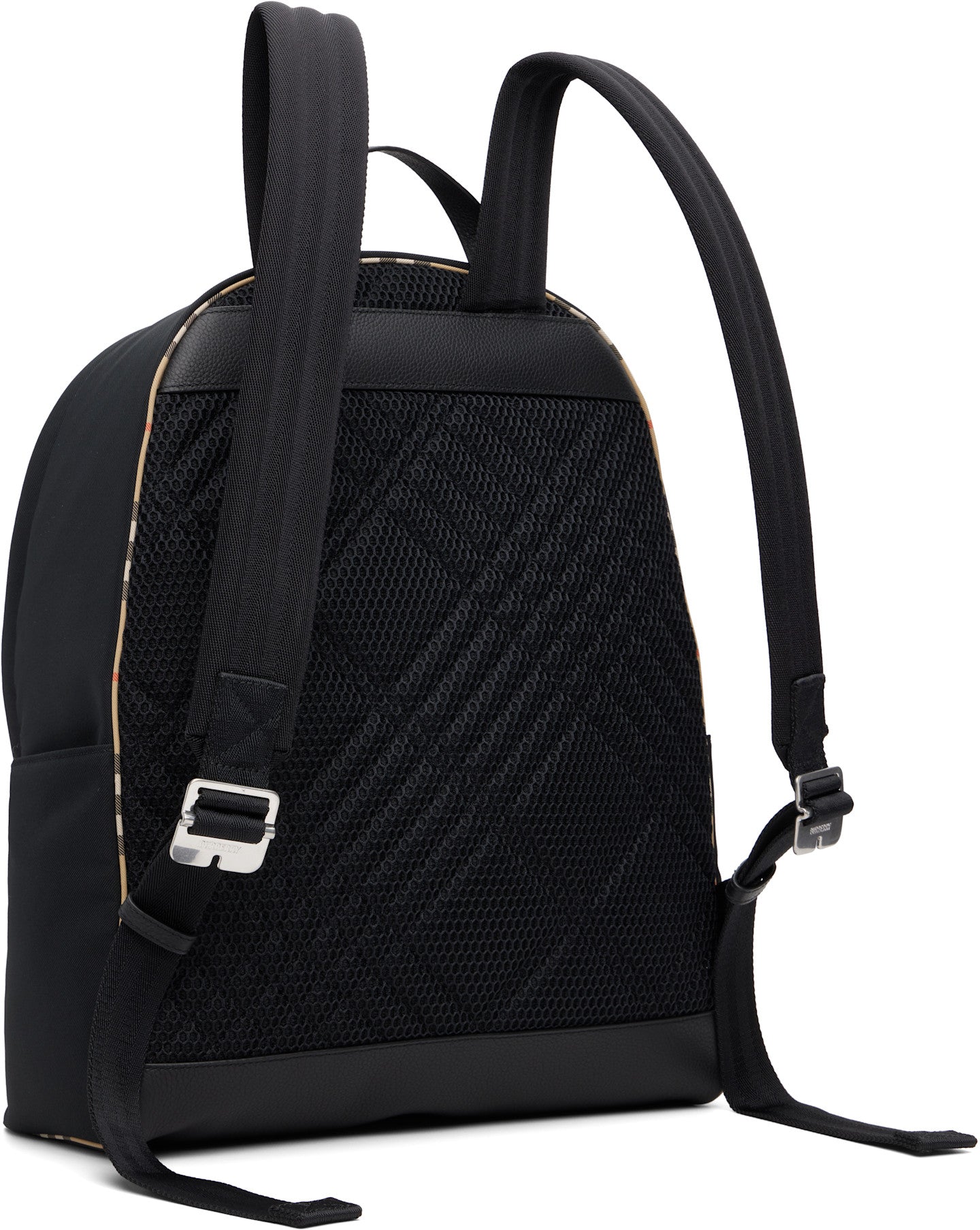 Burberry Check Trim Backpack in Black, side — The Quiet Edition