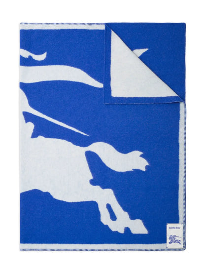 Burberry EKD Jacquard Wool Blanket in Blue, side — The Quiet Edition