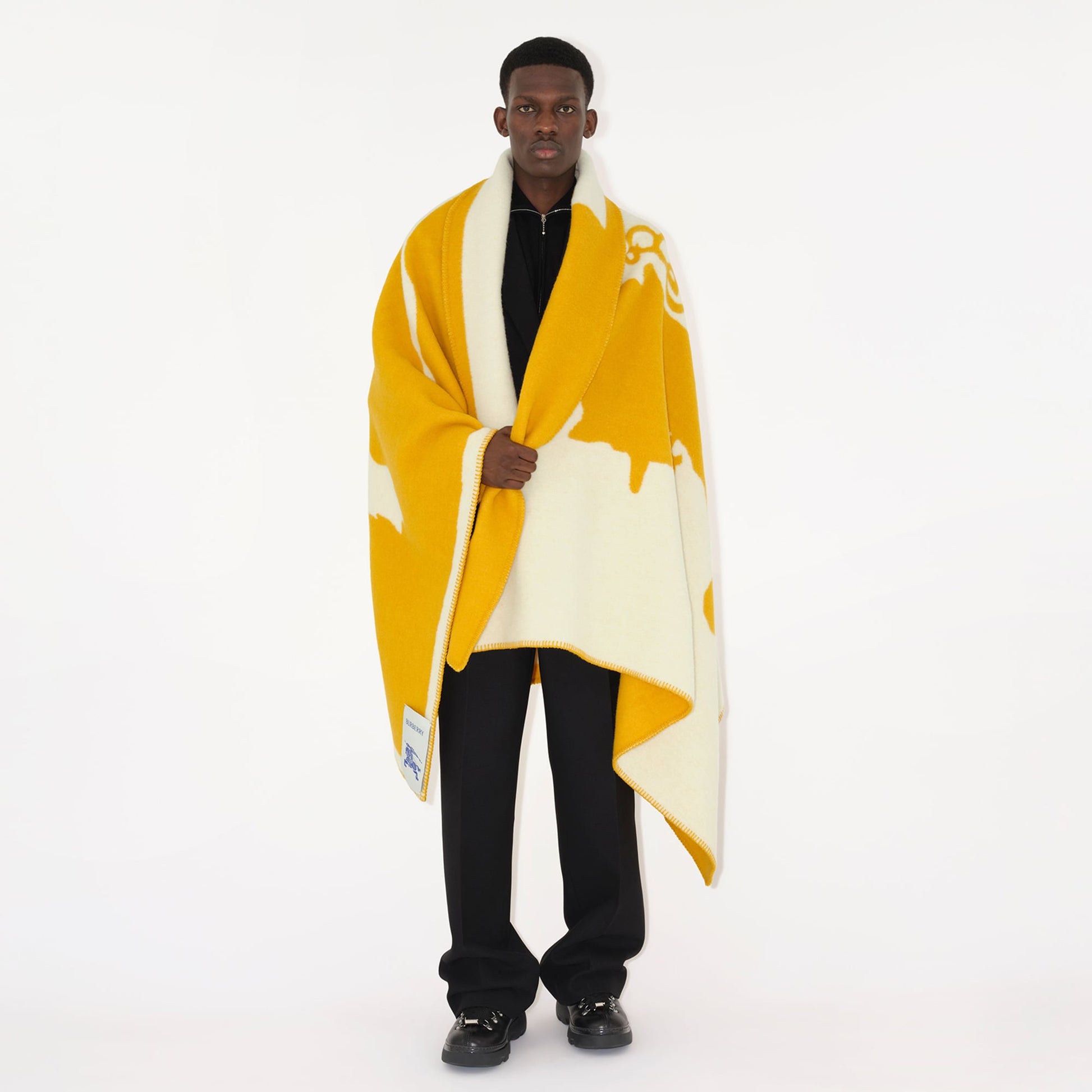 Burberry EKD Jacquard Wool Blanket in Yellow, back — The Quiet Edition