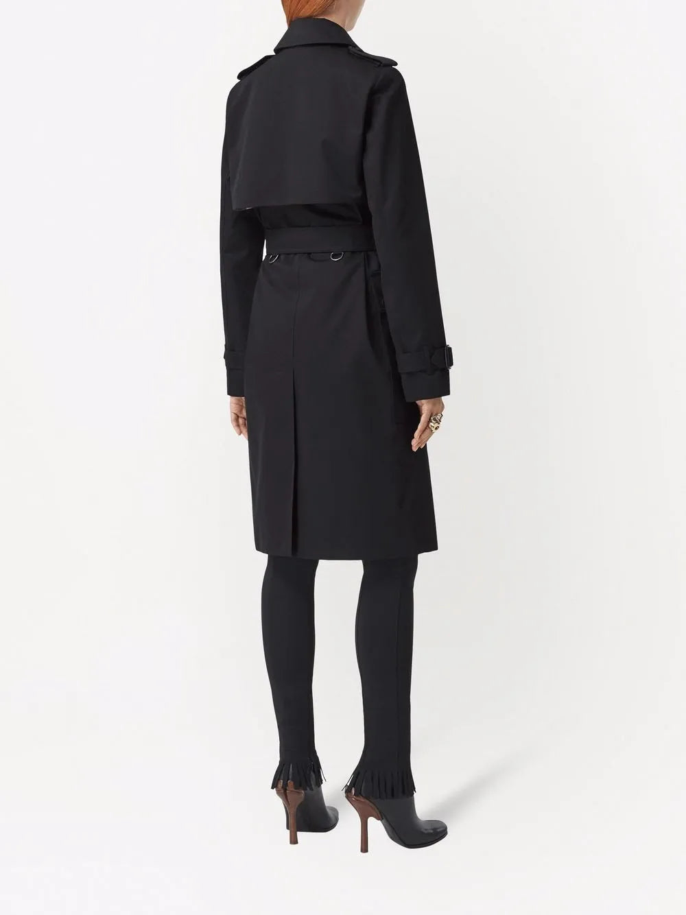 Burberry Gabardine Trench Coat in Black, worn back view — The Quiet Edition