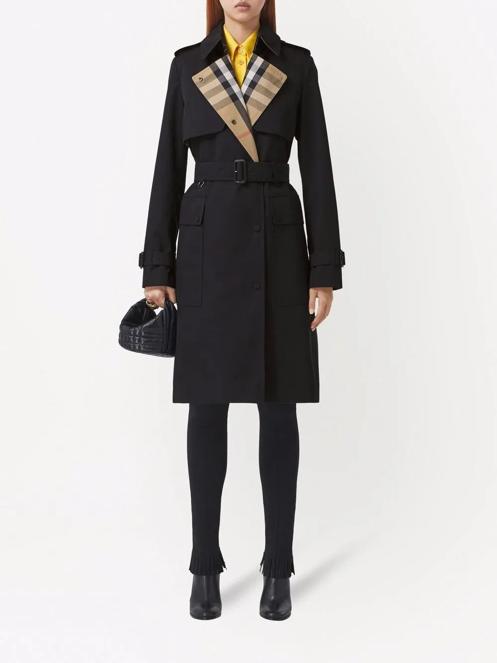 Burberry Gabardine Trench Coat in Black, worn front view — The Quiet Edition