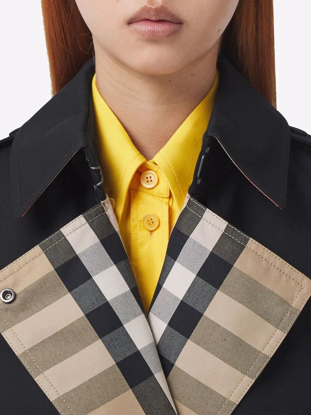 Burberry Gabardine Trench Coat in Black, Vintage Check lapel detail — The Quiet Edition