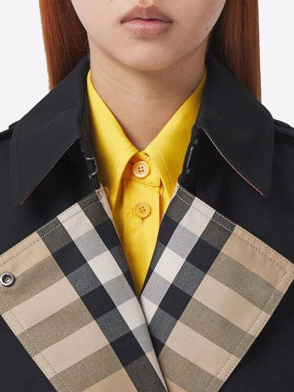 Burberry Gabardine Trench Coat in Black, Vintage Check lapel detail — The Quiet Edition