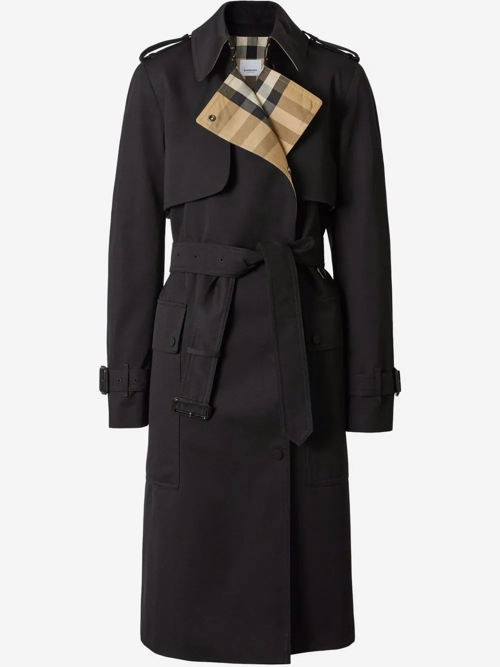 Burberry Gabardine Trench Coat in Black, flat front view — The Quiet Edition