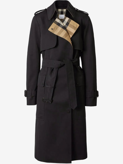 Burberry Gabardine Trench Coat in Black, flat front view — The Quiet Edition