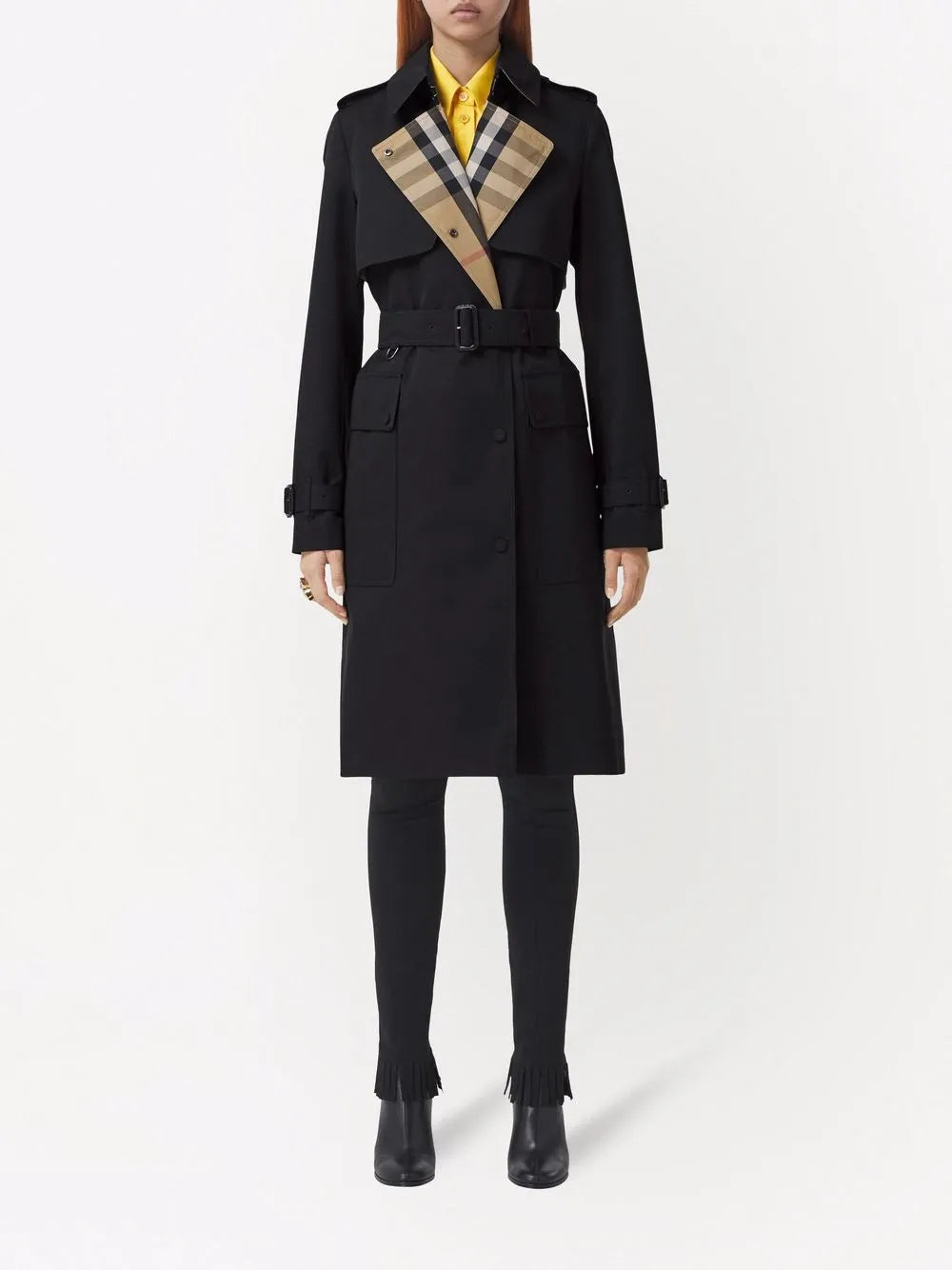 Burberry Gabardine Trench Coat in Black, worn front view with belt fastened — The Quiet Edition