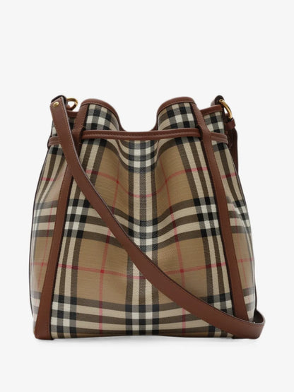 Burberry Mini Check Bucket Bag in Archive Beige, back view with adjustable leather shoulder strap