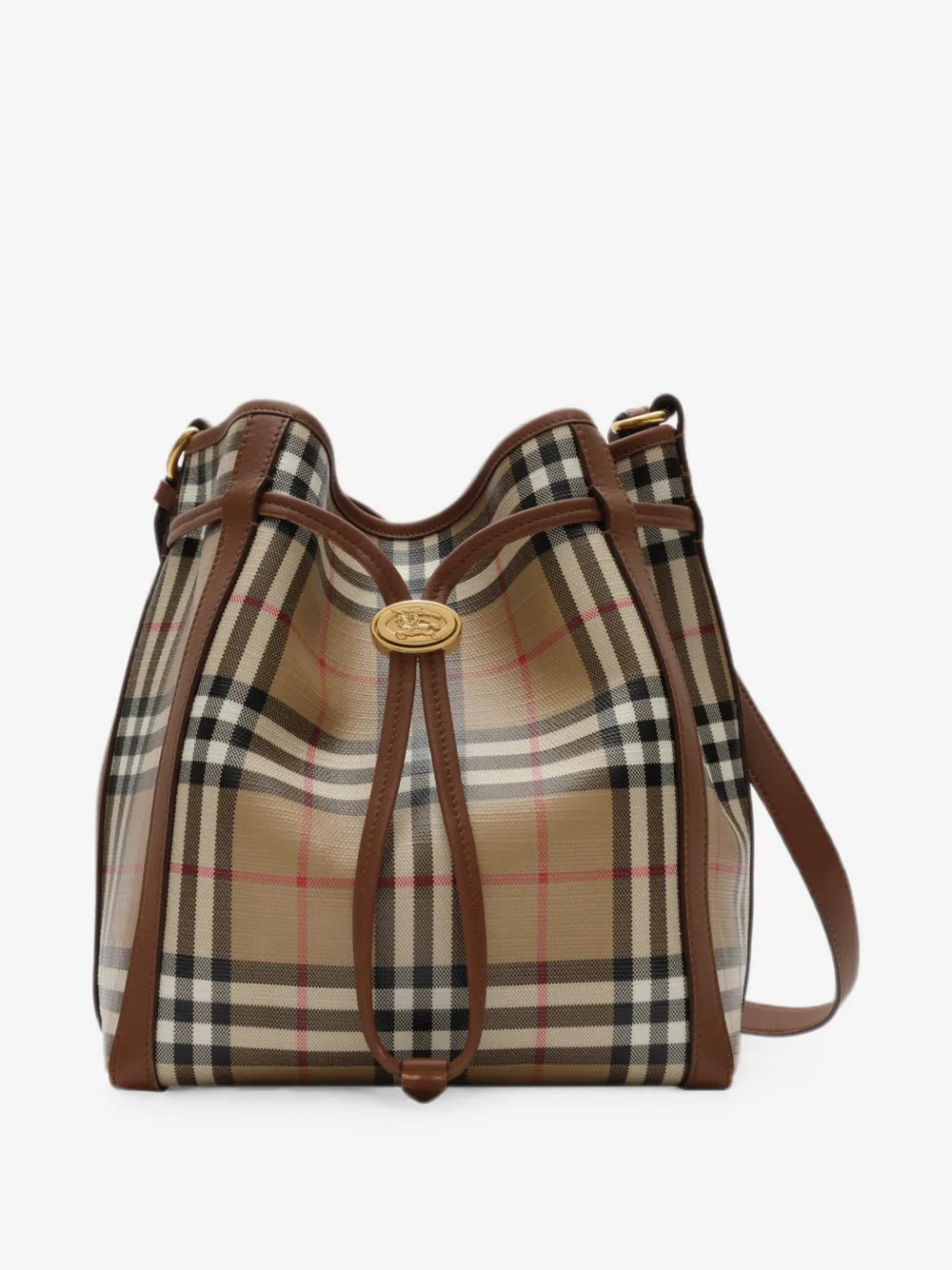 Burberry Mini Check Bucket Bag front view with crossbody strap extended and drawstring closure
