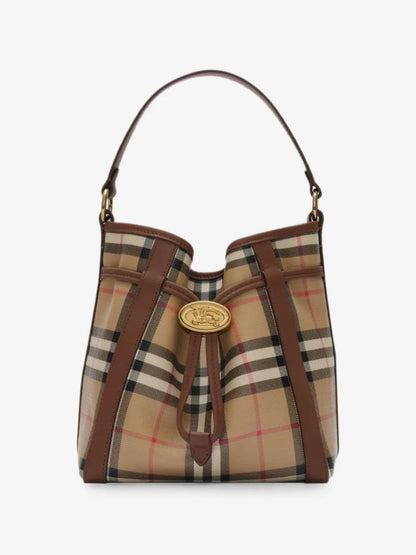 Burberry Mini Check Bucket Bag in Archive Beige, front view with top handle and gold medallion drawstring