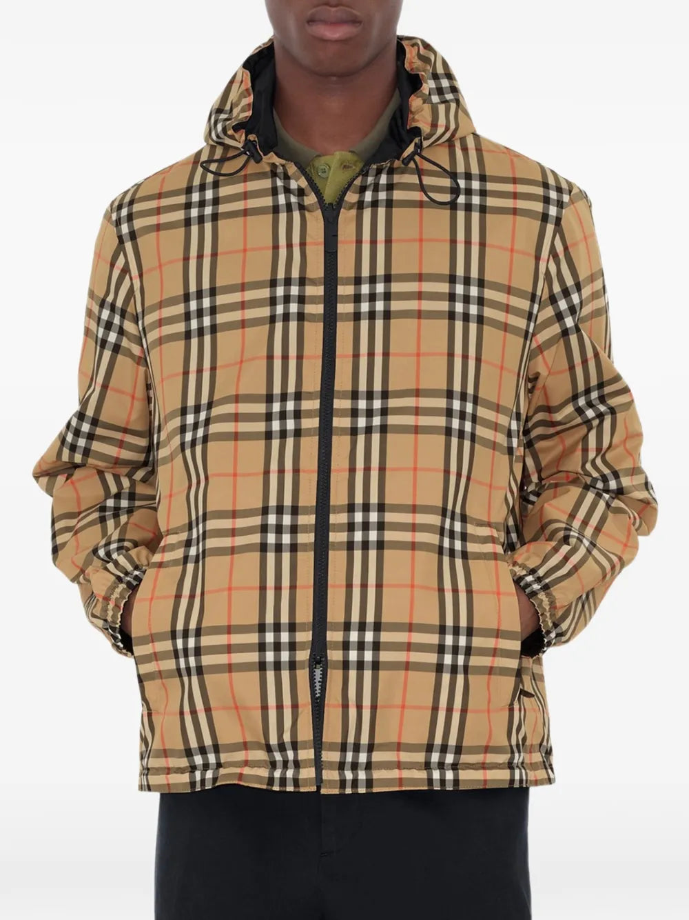Burberry Reversible Check Hooded Jacket, worn front view | The Quiet Edition