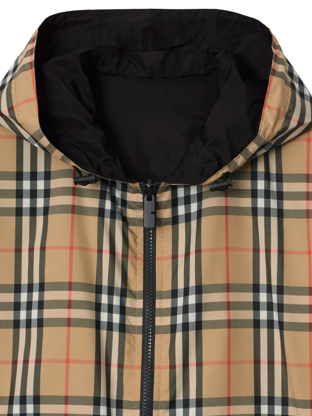 Burberry Reversible Check Hooded Jacket, hood and zip detail | The Quiet Edition