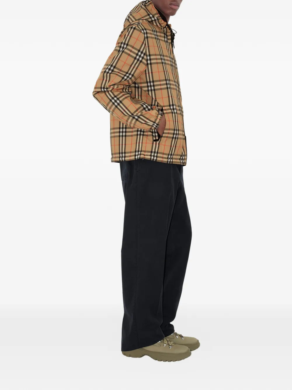 Burberry Reversible Check Hooded Jacket, worn side view | The Quiet Edition