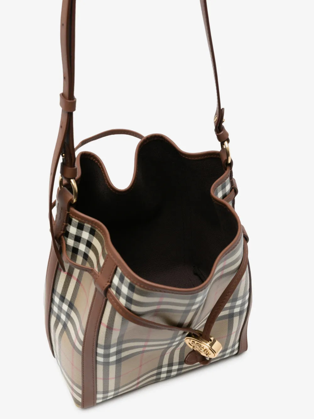 Burberry Small Check Bucket Bag interior view showing the brown canvas lining and top handle