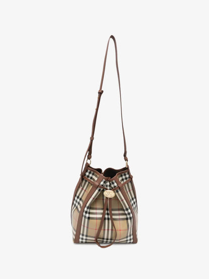 Burberry Small Check Bucket Bag in Archive Beige, front view with full-length adjustable shoulder strap