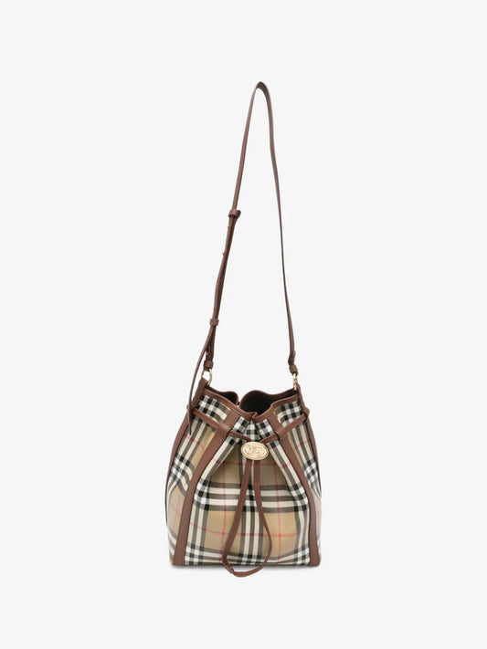 Burberry Small Check Bucket Bag in Archive Beige, front view with full-length adjustable shoulder strap