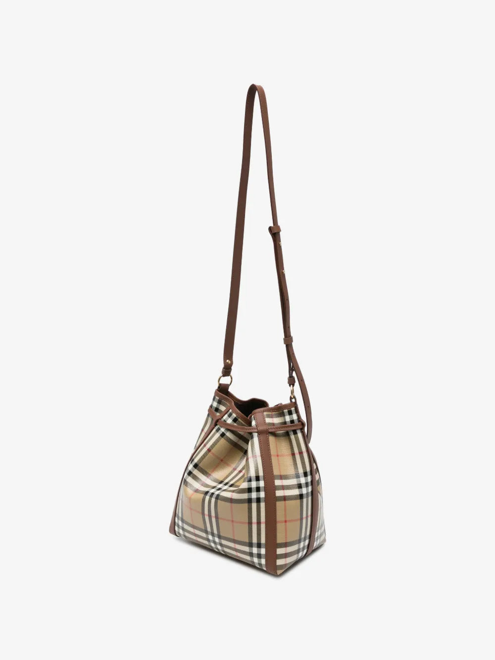 Burberry Small Check Bucket Bag angled view showing the check canvas body and leather-trimmed sides