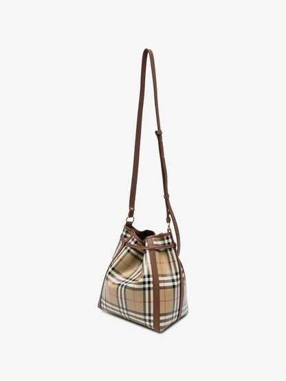 Burberry Small Check Bucket Bag angled view showing the check canvas body and leather-trimmed sides