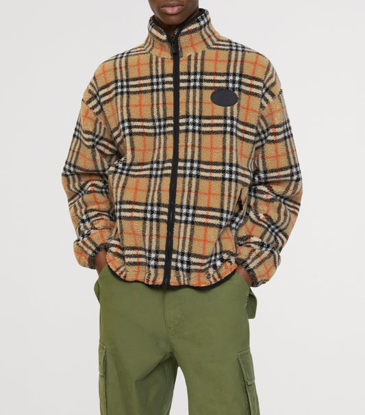Burberry Wool-Blend Fleece Check Jacket in beige, worn front view