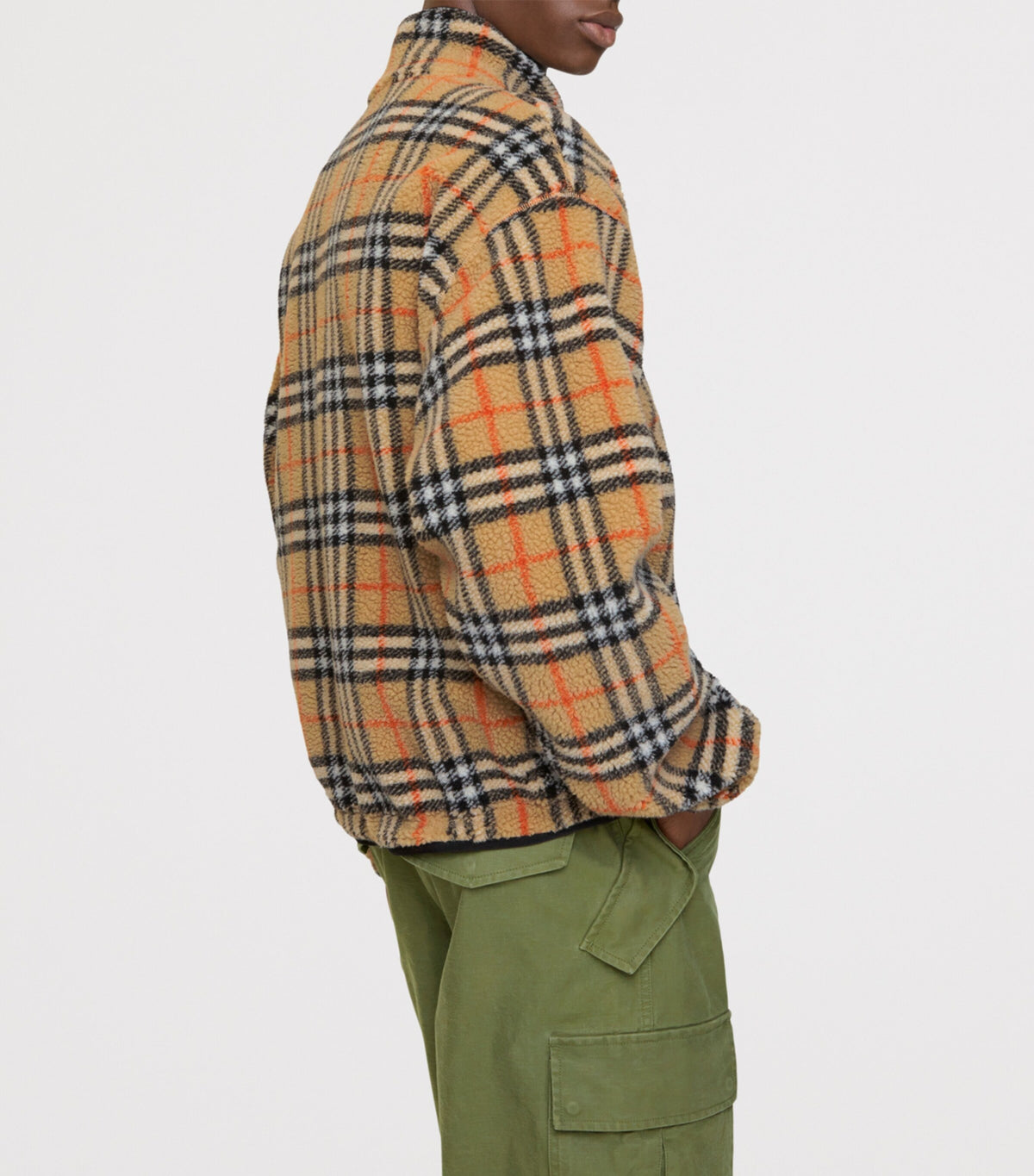 Burberry Wool-Blend Fleece Check Jacket in beige, worn side view