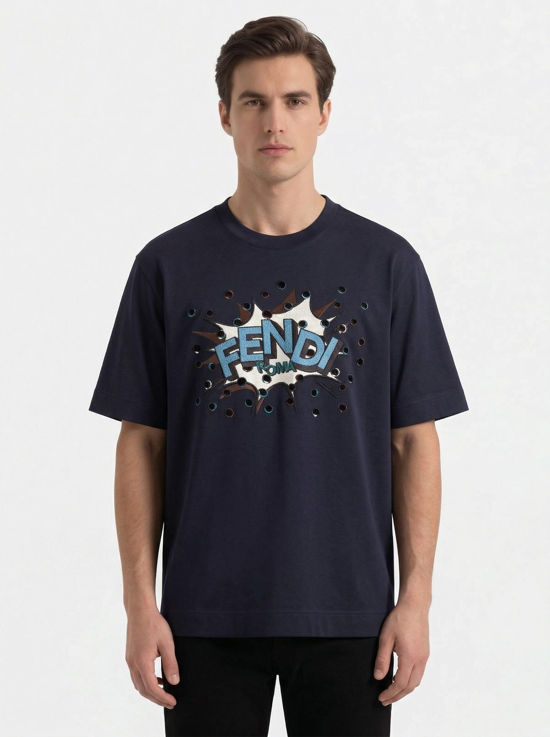 Fendi comic logo t-shirt in navy, model front — The Quiet Edition
