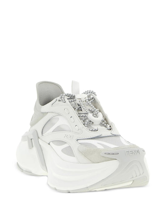 Fendi F-Light leather sneakers in grey, three-quarter front view — The Quiet Edition