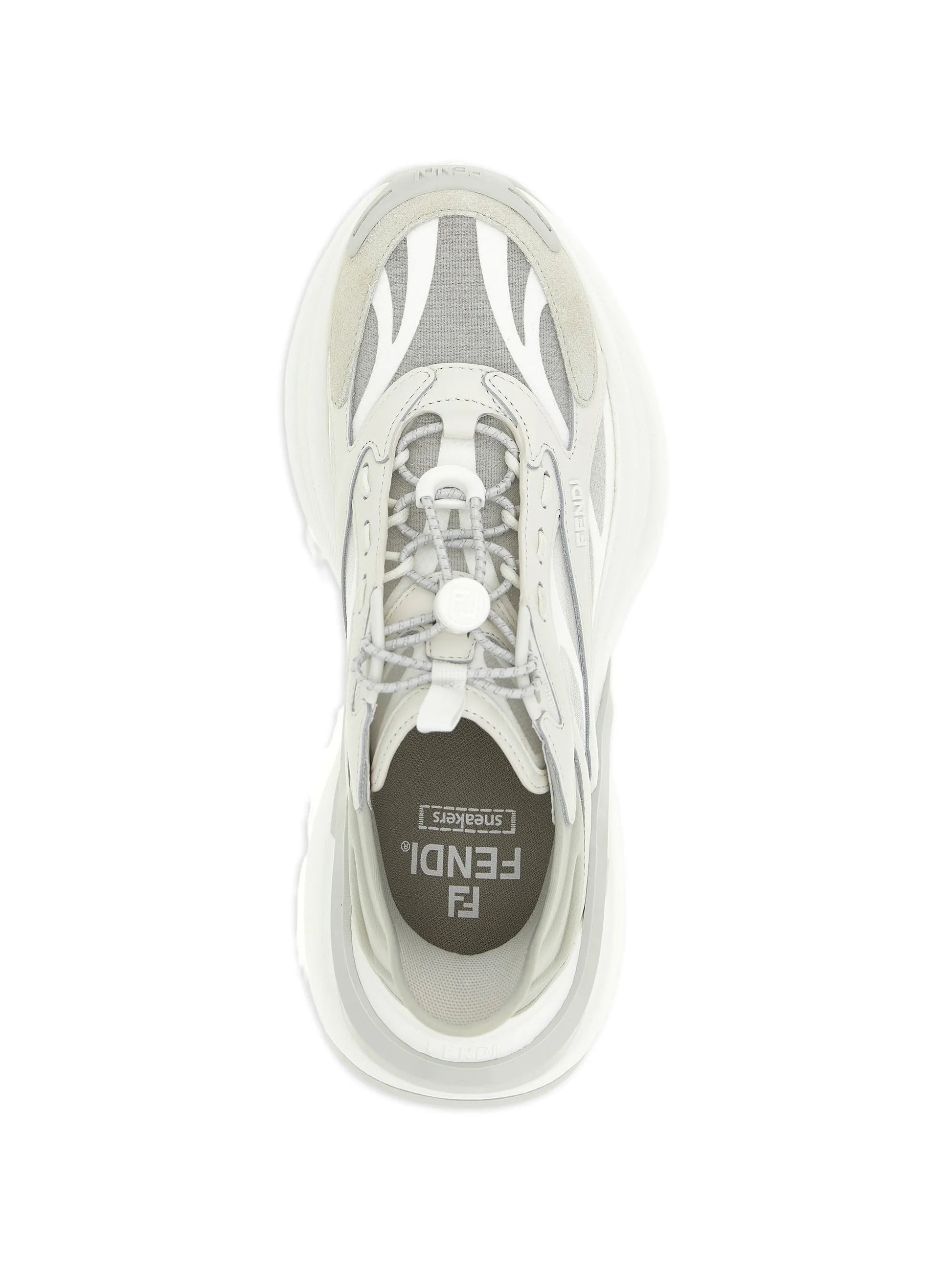 Fendi F-Light leather sneakers in grey, top-down view — The Quiet Edition